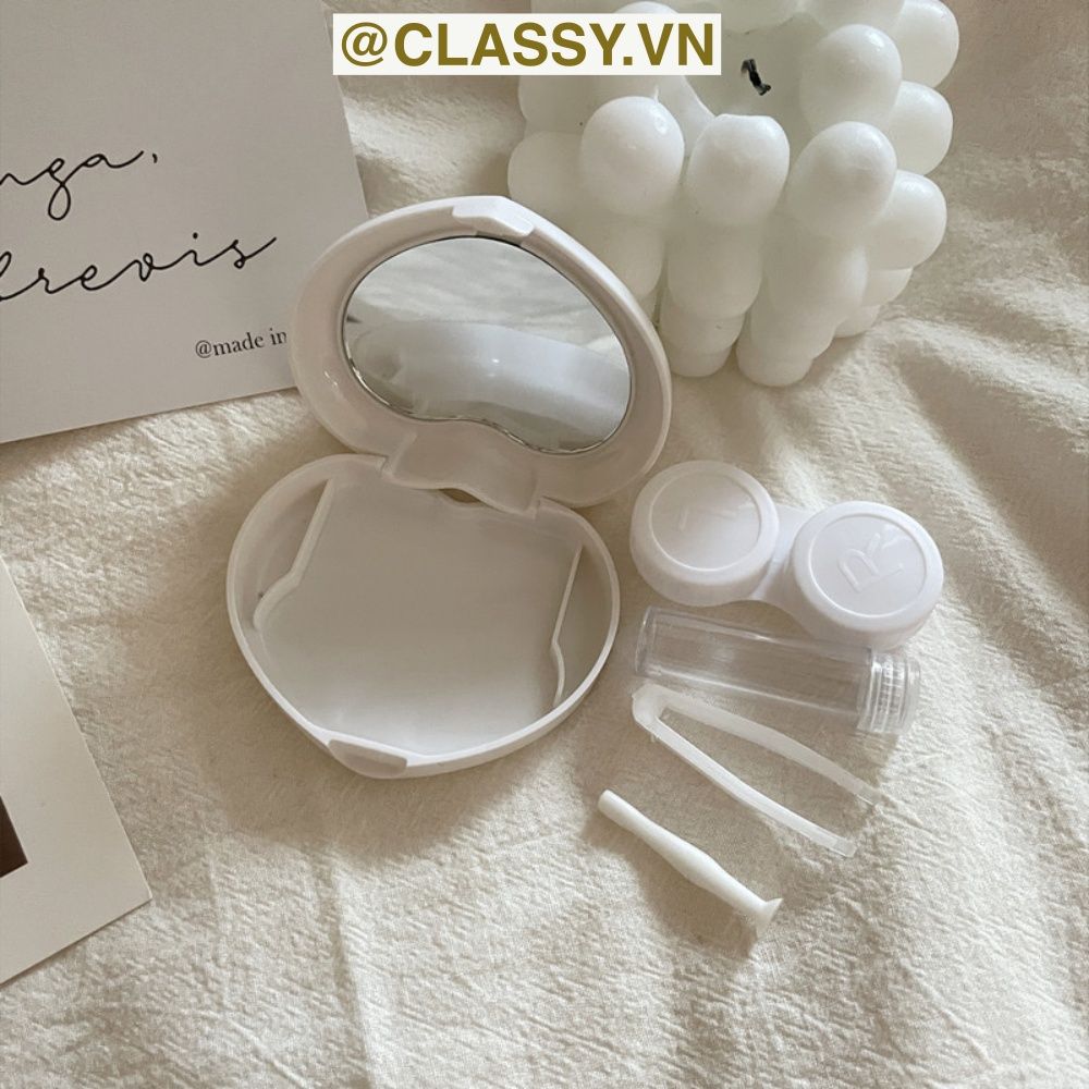 Classy Hộp đựng kính áp tròng Kèm Gương Và Nhíp tông màu pastel nhẹ nhàng, hình trái tim đơn sắc PK1688