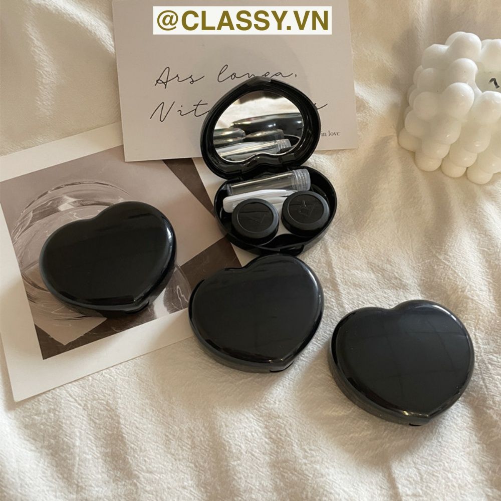 Classy Hộp đựng kính áp tròng Kèm Gương Và Nhíp tông màu pastel nhẹ nhàng, hình trái tim đơn sắc PK1688