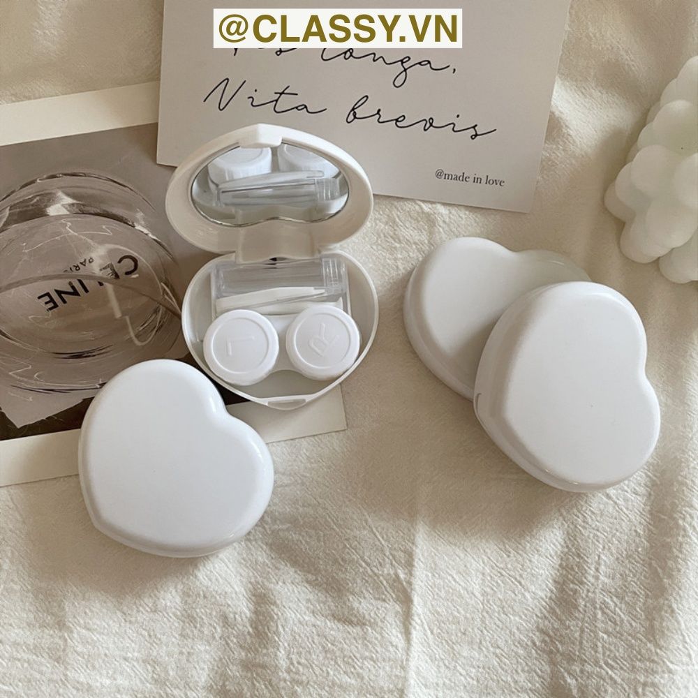 Classy Hộp đựng kính áp tròng Kèm Gương Và Nhíp tông màu pastel nhẹ nhàng, hình trái tim đơn sắc PK1688
