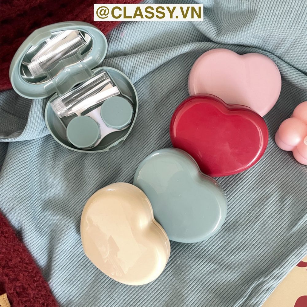 Classy Hộp đựng kính áp tròng Kèm Gương Và Nhíp tông màu pastel nhẹ nhàng, hình trái tim đơn sắc PK1688