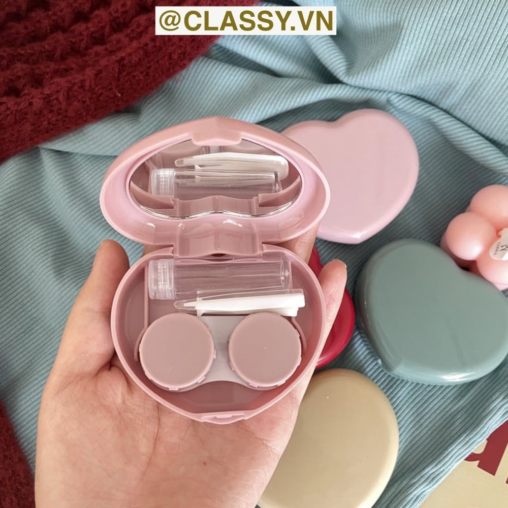 Classy Hộp đựng kính áp tròng Kèm Gương Và Nhíp tông màu pastel nhẹ nhàng, hình trái tim đơn sắc PK1688