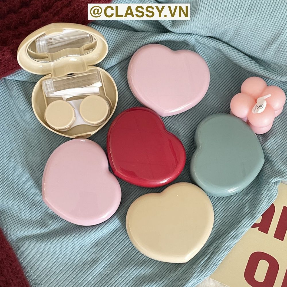 Classy Hộp đựng kính áp tròng Kèm Gương Và Nhíp tông màu pastel nhẹ nhàng, hình trái tim đơn sắc PK1688