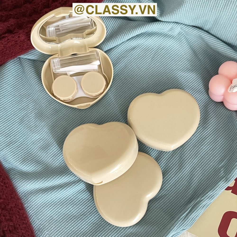 Classy Hộp đựng kính áp tròng Kèm Gương Và Nhíp tông màu pastel nhẹ nhàng, hình trái tim đơn sắc PK1688