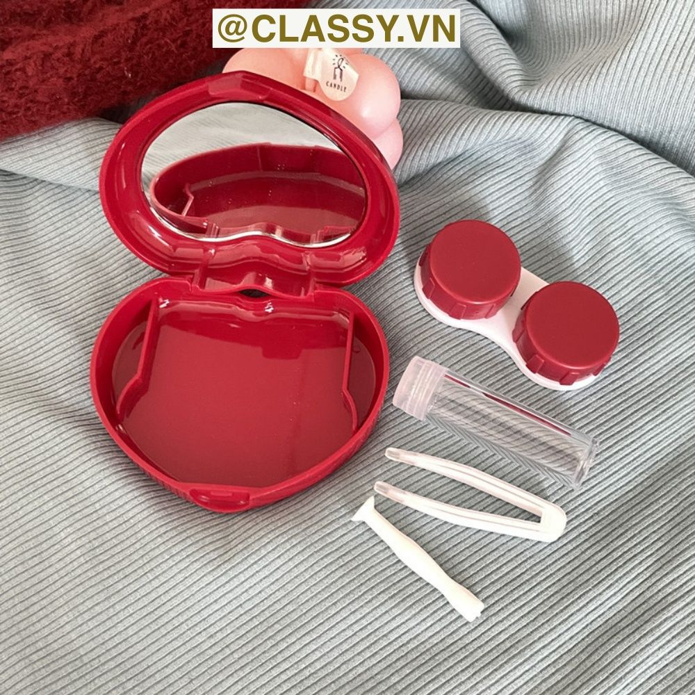 Classy Hộp đựng kính áp tròng Kèm Gương Và Nhíp tông màu pastel nhẹ nhàng, hình trái tim đơn sắc PK1688