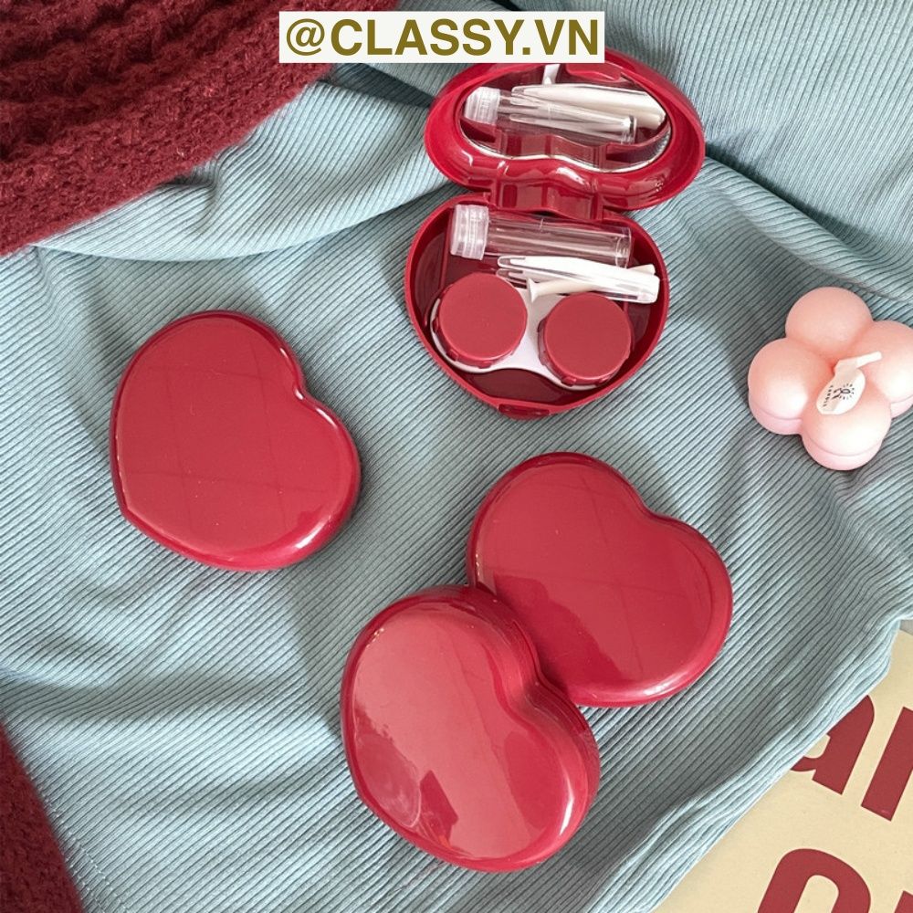Classy Hộp đựng kính áp tròng Kèm Gương Và Nhíp tông màu pastel nhẹ nhàng, hình trái tim đơn sắc PK1688