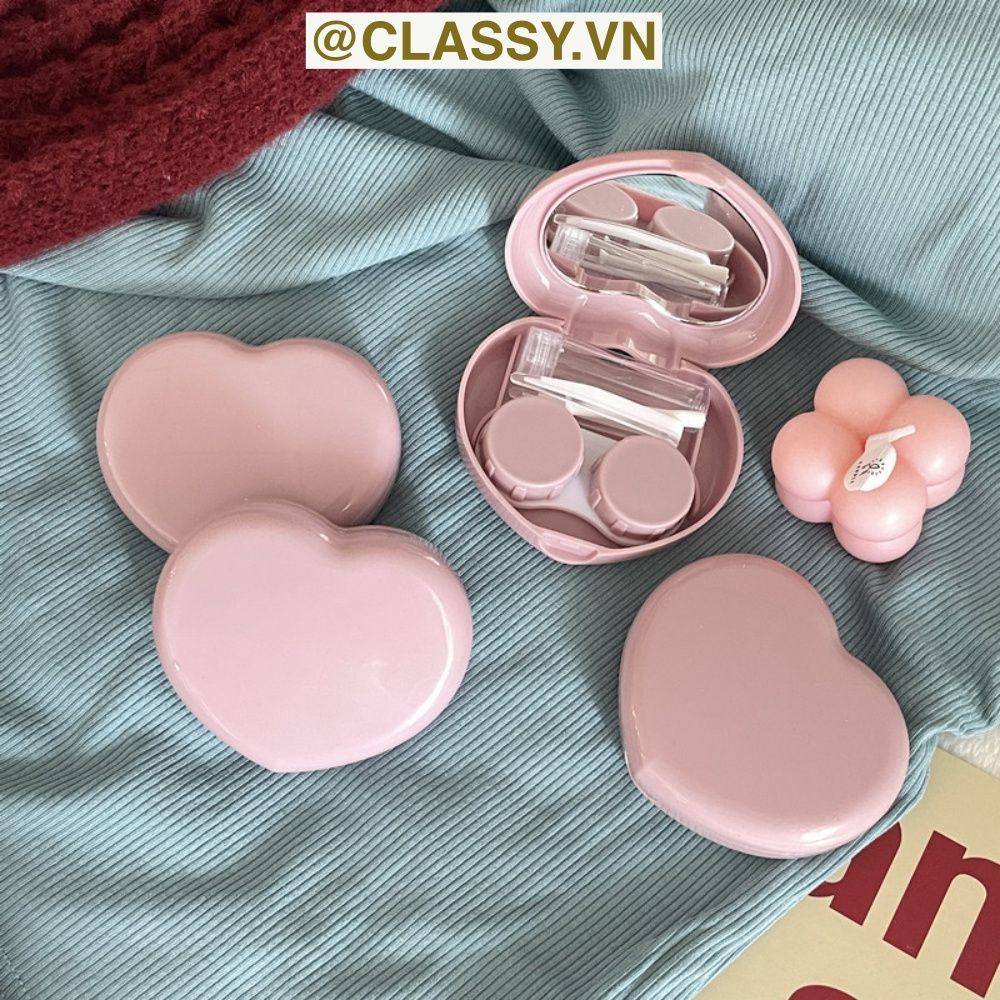 Classy Hộp đựng kính áp tròng Kèm Gương Và Nhíp tông màu pastel nhẹ nhàng, hình trái tim đơn sắc PK1688