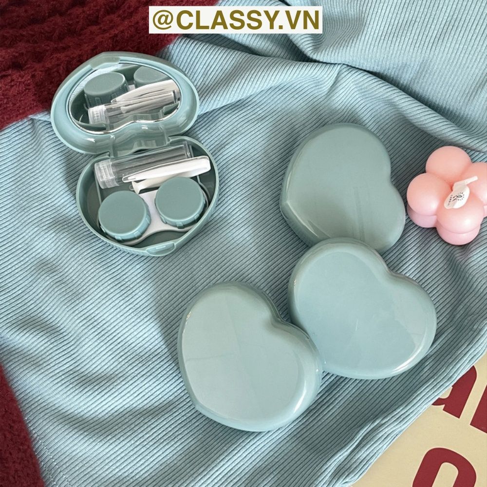 Classy Hộp đựng kính áp tròng Kèm Gương Và Nhíp tông màu pastel nhẹ nhàng, hình trái tim đơn sắc PK1688