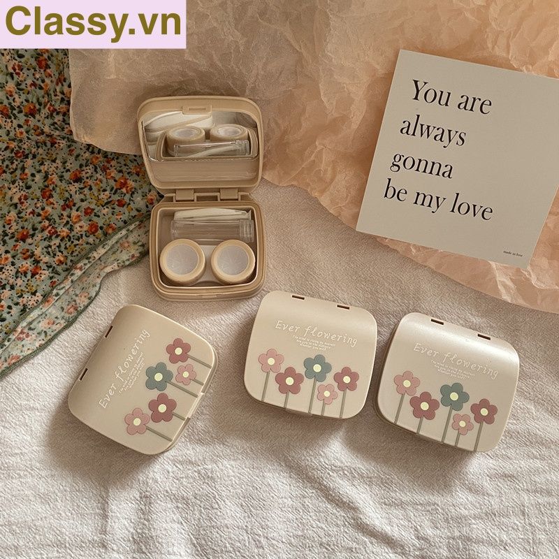 Hộp đựng kính áp tròng vintage Kèm Gương Và Nhíp họa tiết hoa nhẹ nhàng, thanh lịch PK1770