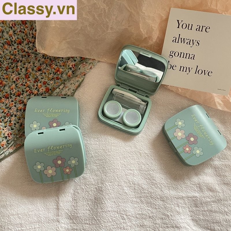 Hộp đựng kính áp tròng vintage Kèm Gương Và Nhíp họa tiết hoa nhẹ nhàng, thanh lịch PK1770