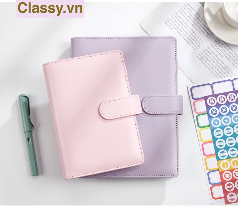 Sổ tay bìa da bìa còng ghi chú giấy màu trơn pastel, giấy kẻ ngang 200 trang có ngăn đựng thẻ, làm bút ký hoặc viết ghi chú, lên kế hoạch, PK1775