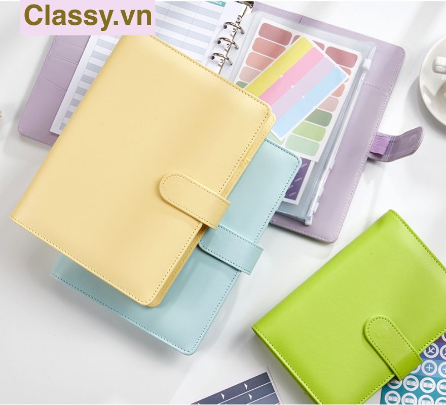 Sổ tay bìa da bìa còng ghi chú giấy màu trơn pastel, giấy kẻ ngang 200 trang có ngăn đựng thẻ, làm bút ký hoặc viết ghi chú, lên kế hoạch, PK1775