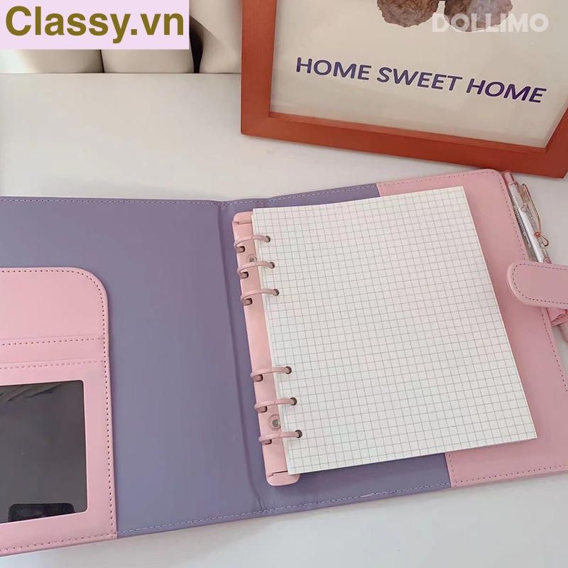 Sổ tay bìa da bìa còng ghi chú giấy màu trơn pastel, giấy kẻ ngang 200 trang có ngăn đựng thẻ, làm bút ký hoặc viết ghi chú, lên kế hoạch, PK1775