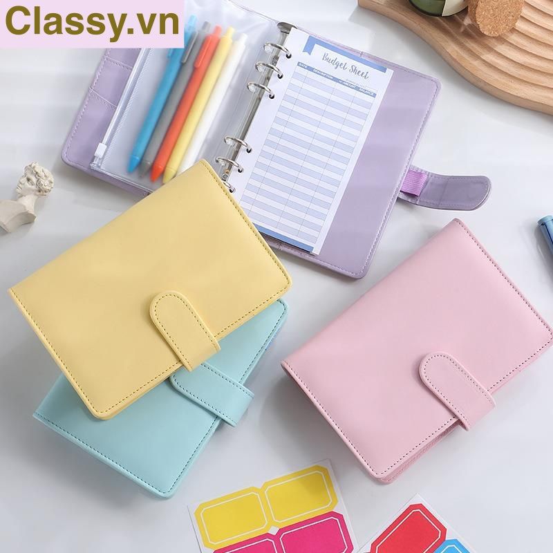 Sổ tay bìa da bìa còng ghi chú giấy màu trơn pastel, giấy kẻ ngang 200 trang có ngăn đựng thẻ, làm bút ký hoặc viết ghi chú, lên kế hoạch, PK1775