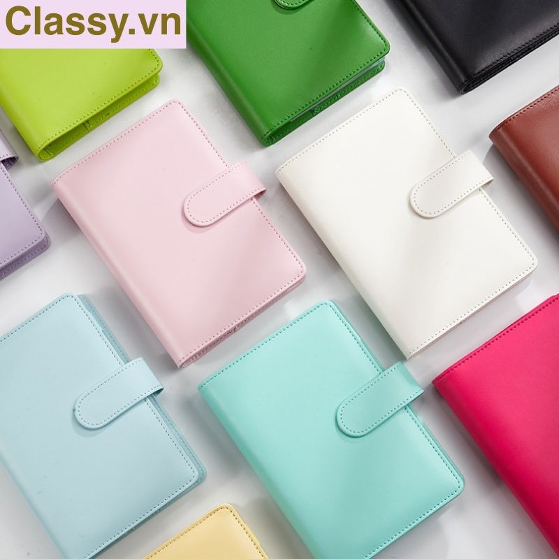 Sổ tay bìa da bìa còng ghi chú giấy màu trơn pastel, giấy kẻ ngang 200 trang có ngăn đựng thẻ, làm bút ký hoặc viết ghi chú, lên kế hoạch, PK1775