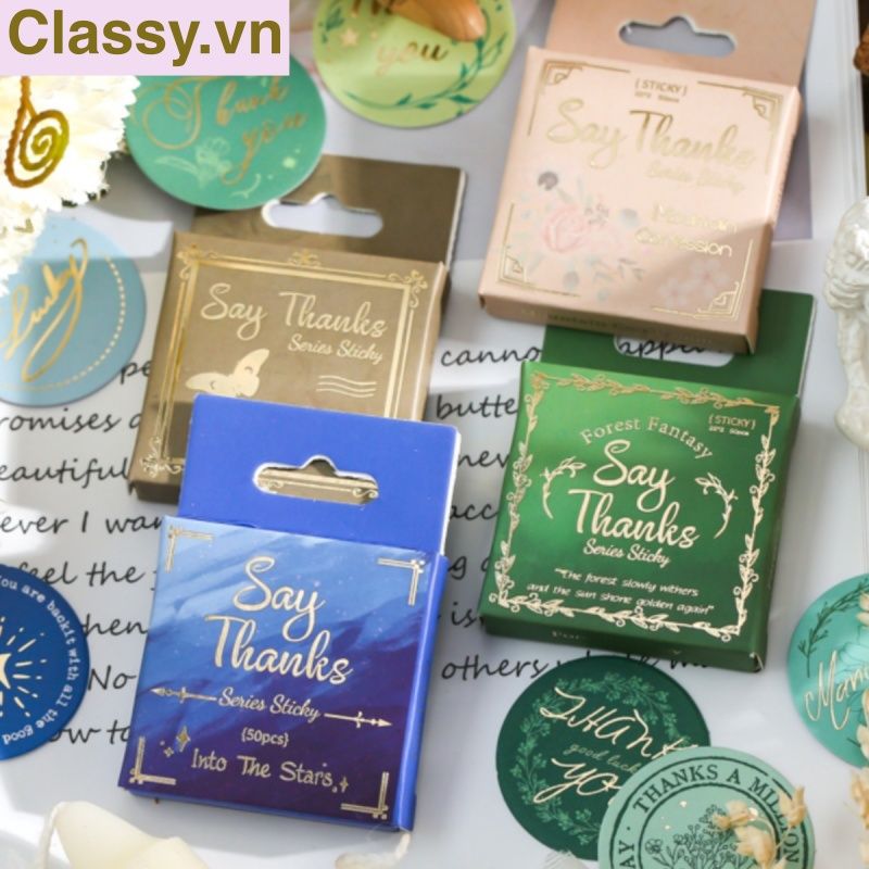 Bộ 50 Nhãn dán hộp sticker giấy C bóng họa tiết vintage thể hiện lòng biết ơn chữ thank you dùng để trang trí, niêm phong PK1794