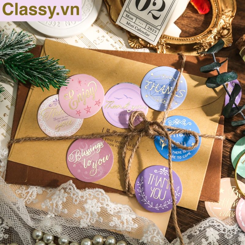 Bộ 50 Nhãn dán hộp sticker giấy C bóng họa tiết vintage thể hiện lòng biết ơn chữ thank you dùng để trang trí, niêm phong PK1794