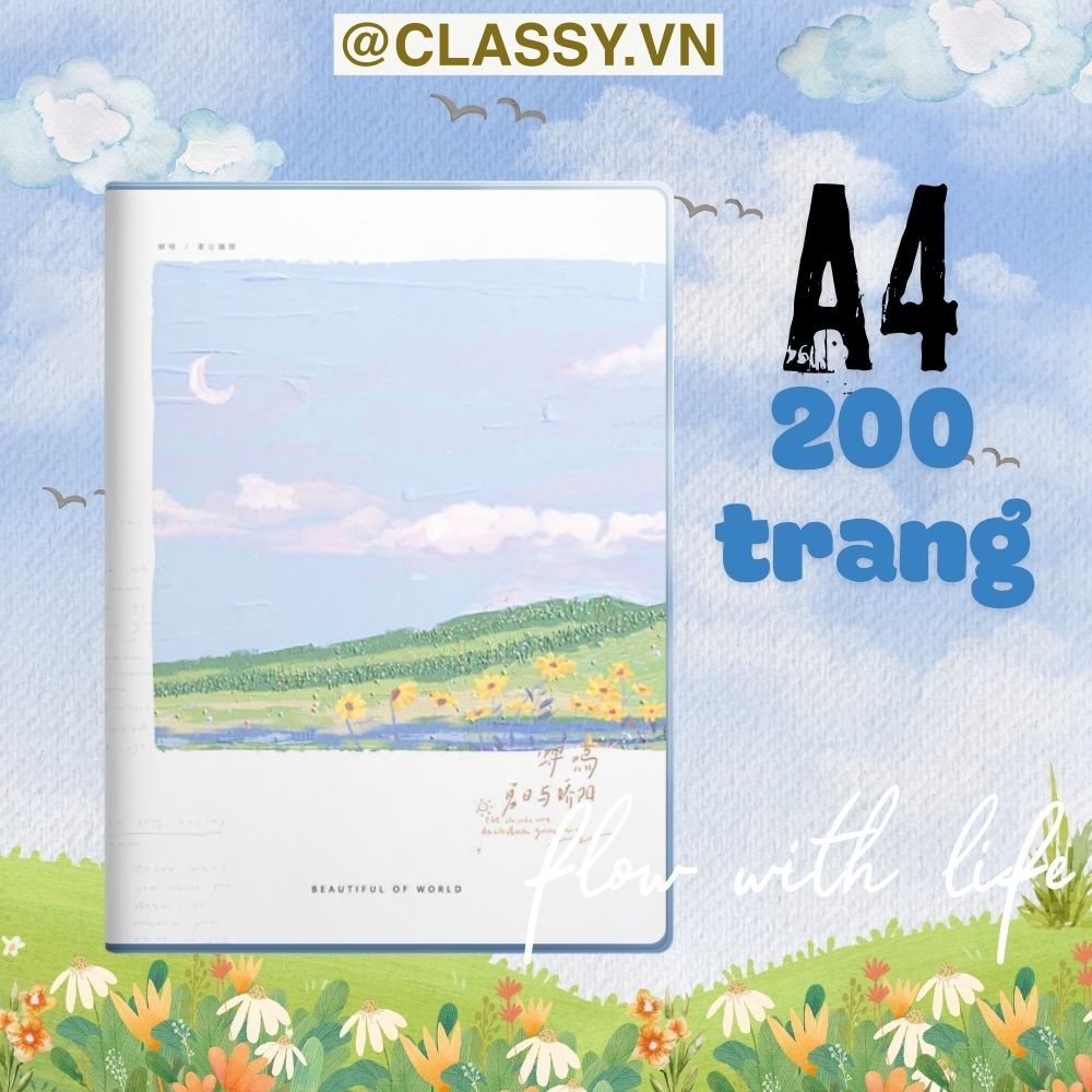 Classy Sổ kẻ ngang A4 dày 200 trang in tranh sơn dầu, bọc lớp bìa trong suốt chống nước lý tưởng Cho công việc và Bài Tập cho sinh viên và văn phòng PK1867