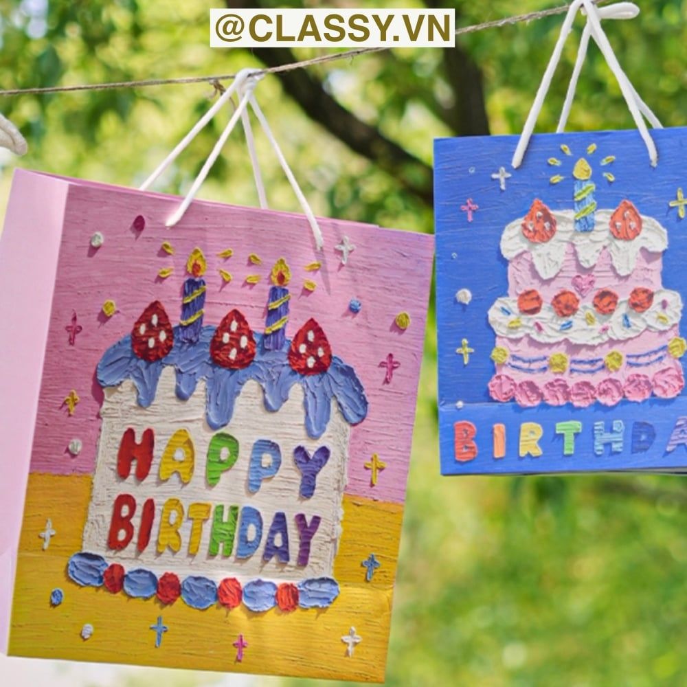 Túi giấy đựng quà sinh nhật in chữ Happy Birthday dây quai dù in hoạ tiết tranh sơn dầu màu xanh, hồng PK1872