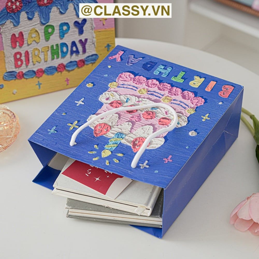Túi giấy đựng quà sinh nhật in chữ Happy Birthday dây quai dù in hoạ tiết tranh sơn dầu màu xanh, hồng PK1872