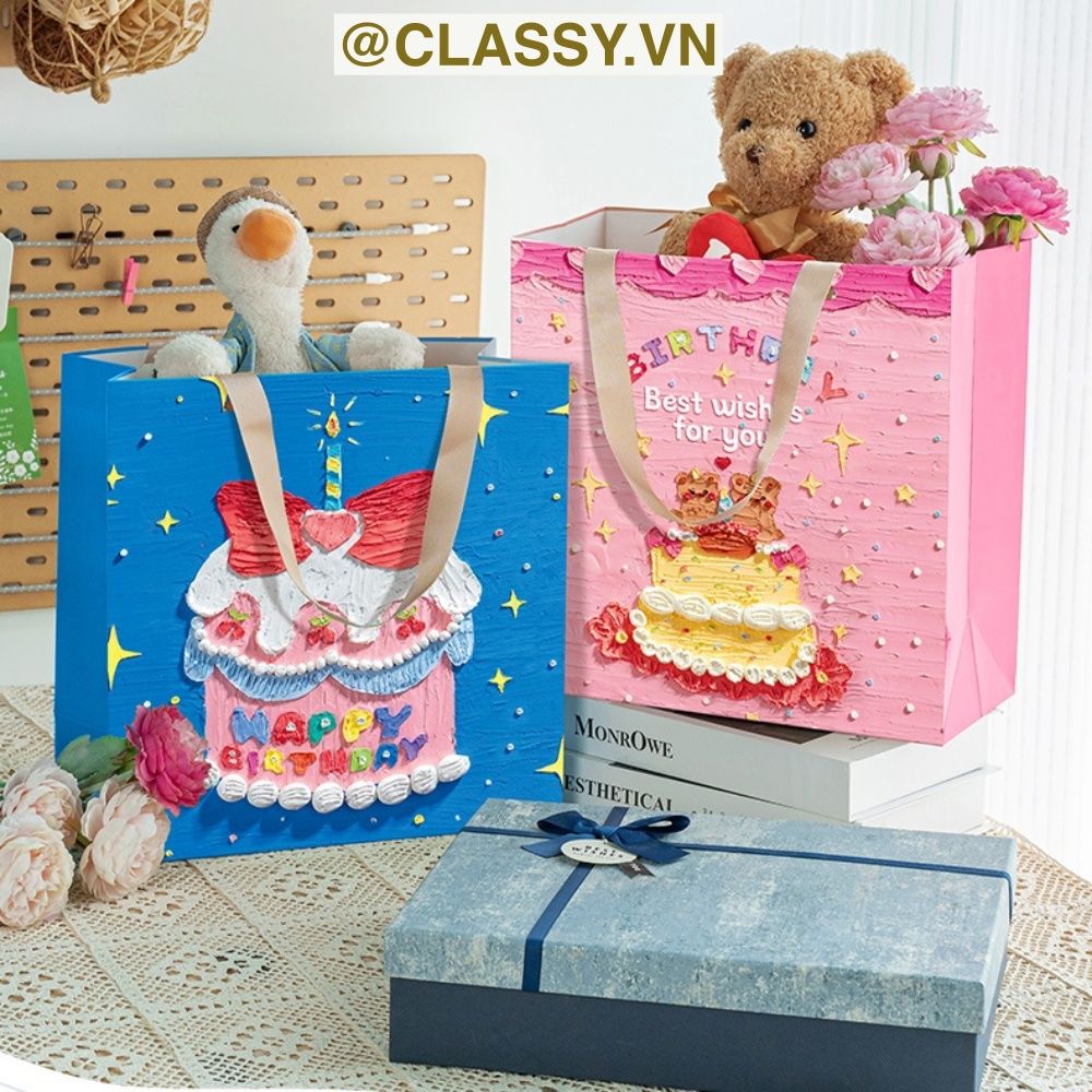 Túi giấy đựng quà sinh nhật in chữ Happy Birthday dây quai dù in hoạ tiết tranh sơn dầu màu xanh, hồng PK1872