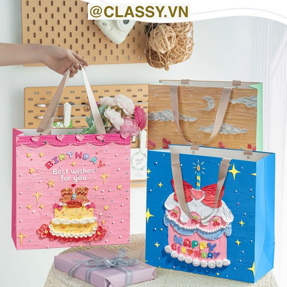 Túi giấy đựng quà sinh nhật in chữ Happy Birthday dây quai dù in hoạ tiết tranh sơn dầu màu xanh, hồng PK1872