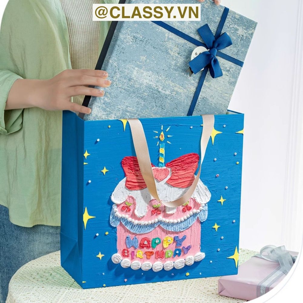 Túi giấy đựng quà sinh nhật in chữ Happy Birthday dây quai dù in hoạ tiết tranh sơn dầu màu xanh, hồng PK1872