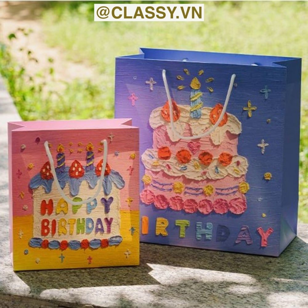 Túi giấy đựng quà sinh nhật in chữ Happy Birthday dây quai dù in hoạ tiết tranh sơn dầu màu xanh, hồng PK1872