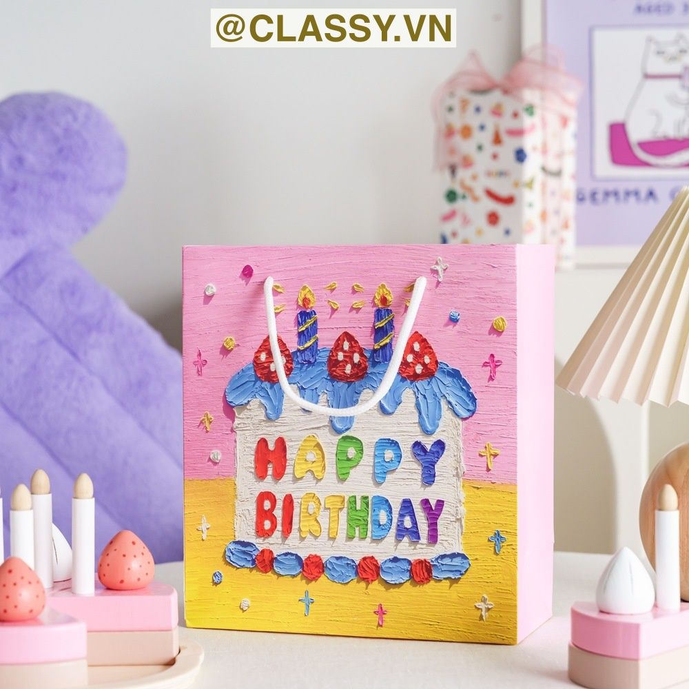 Túi giấy đựng quà sinh nhật in chữ Happy Birthday dây quai dù in hoạ tiết tranh sơn dầu màu xanh, hồng PK1872