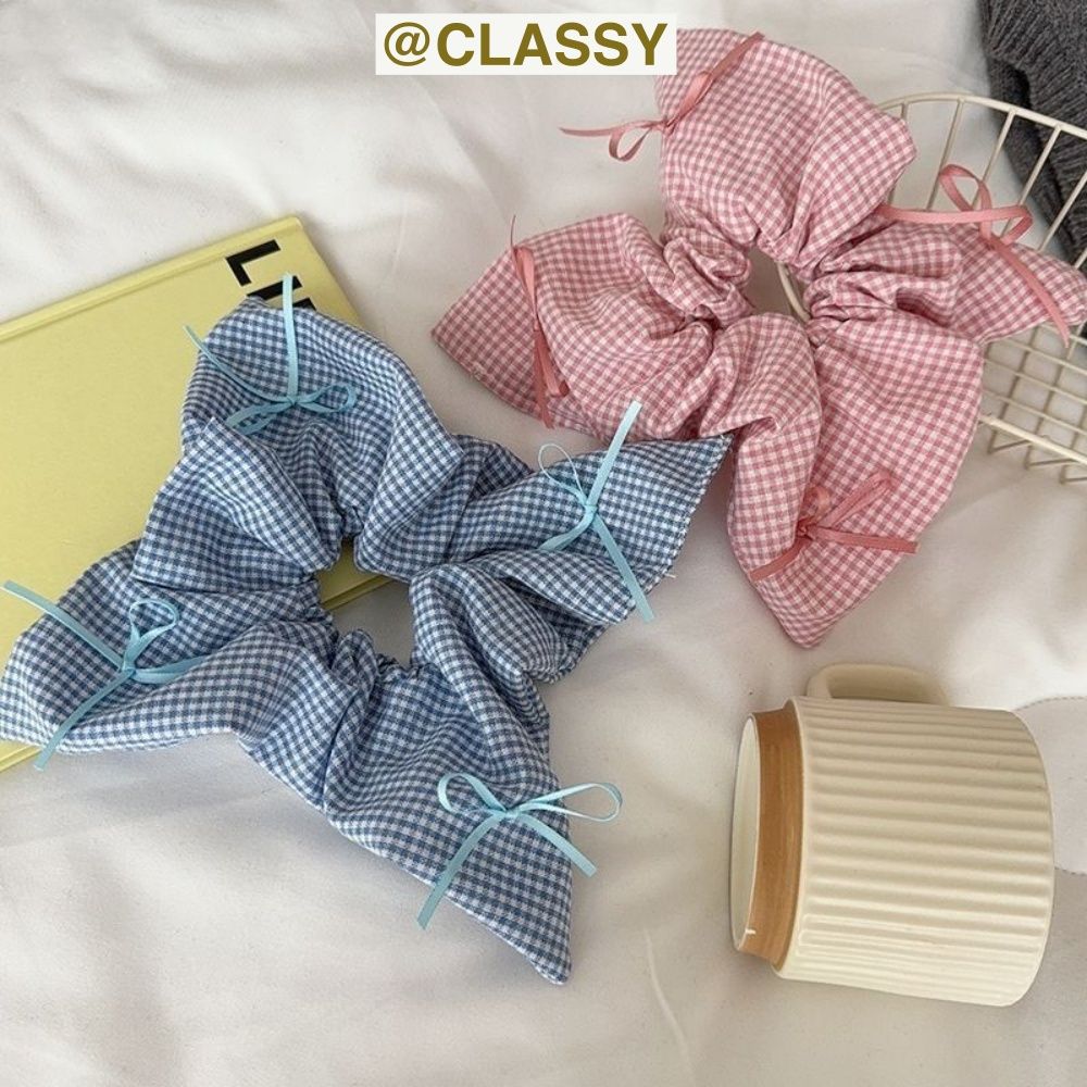 Scrunchies buộc tóc hình vuông kẻ sọc, gắn nơ ruy băng vintage PK1881