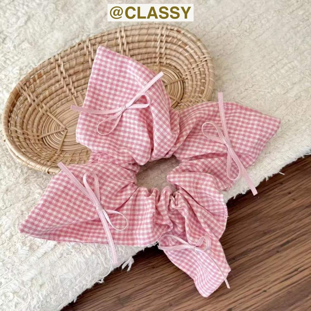 Scrunchies buộc tóc hình vuông kẻ sọc, gắn nơ ruy băng vintage PK1881
