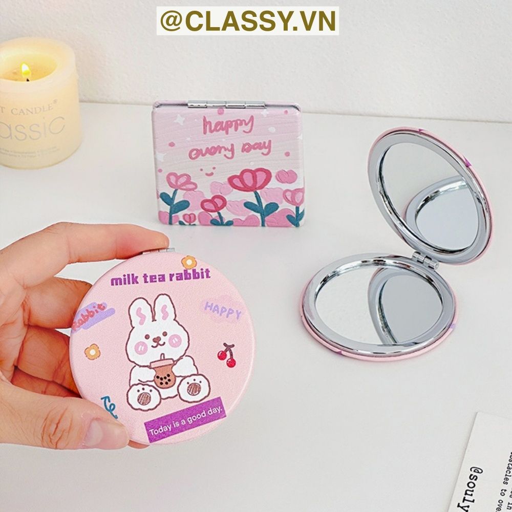 Gương trang điểm cầm tay mini 2 mặt bỏ túi kèm lược, Gương cầm tay mini Hàn Quốc siêu cute, Gương hoạt hình PK569