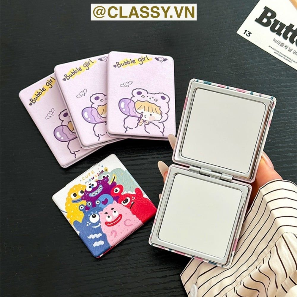 Gương trang điểm cầm tay mini 2 mặt bỏ túi kèm lược, Gương cầm tay mini Hàn Quốc siêu cute, Gương hoạt hình PK569