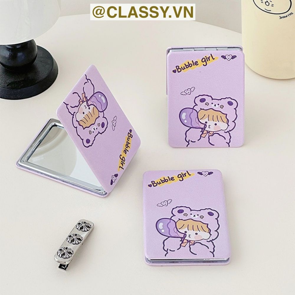 Gương trang điểm cầm tay mini 2 mặt bỏ túi kèm lược, Gương cầm tay mini Hàn Quốc siêu cute, Gương hoạt hình PK569