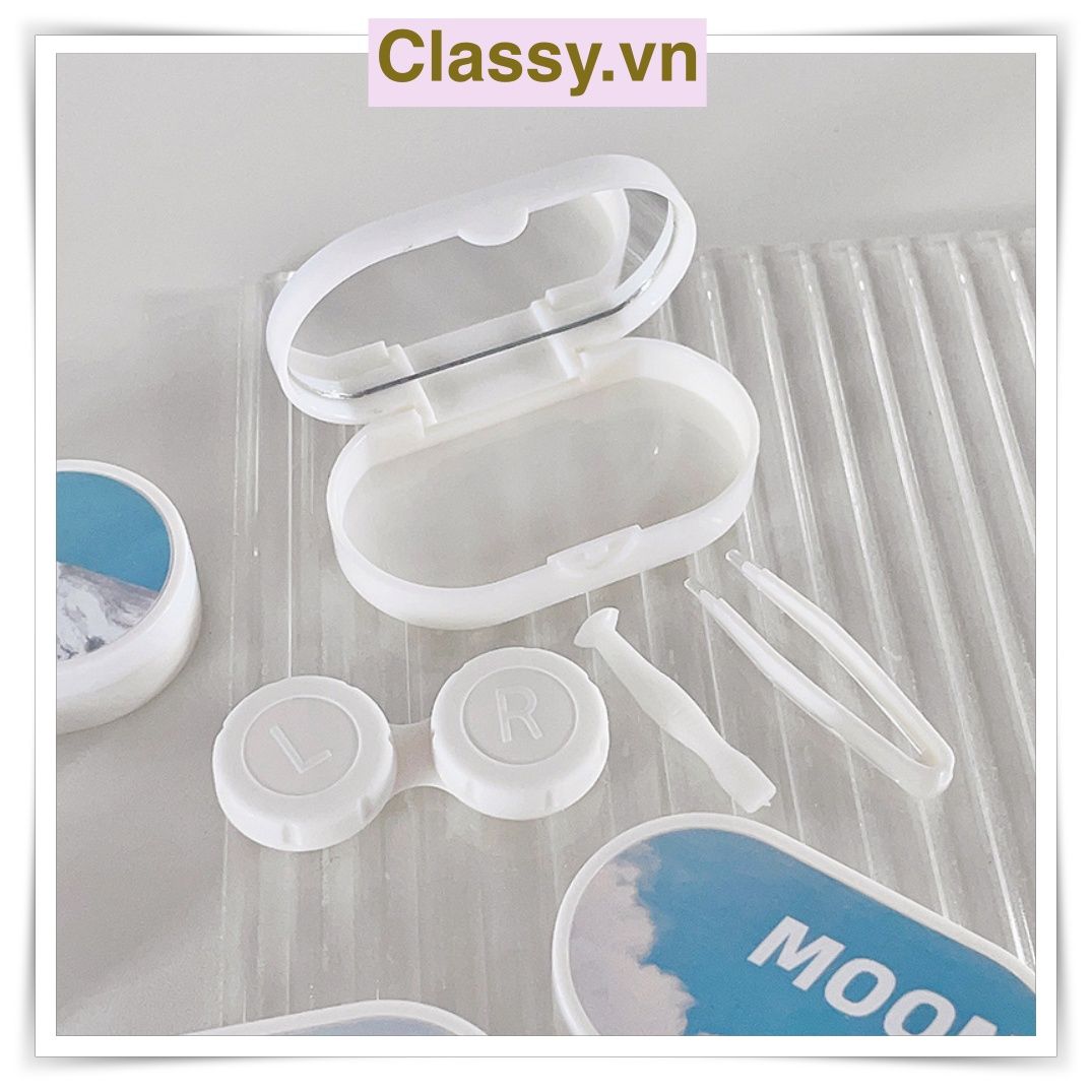 Khay đựng 01 cặp kính áp tròng, khay lens hình bầu trời và tuyết màu xanh, có gương soi PK658