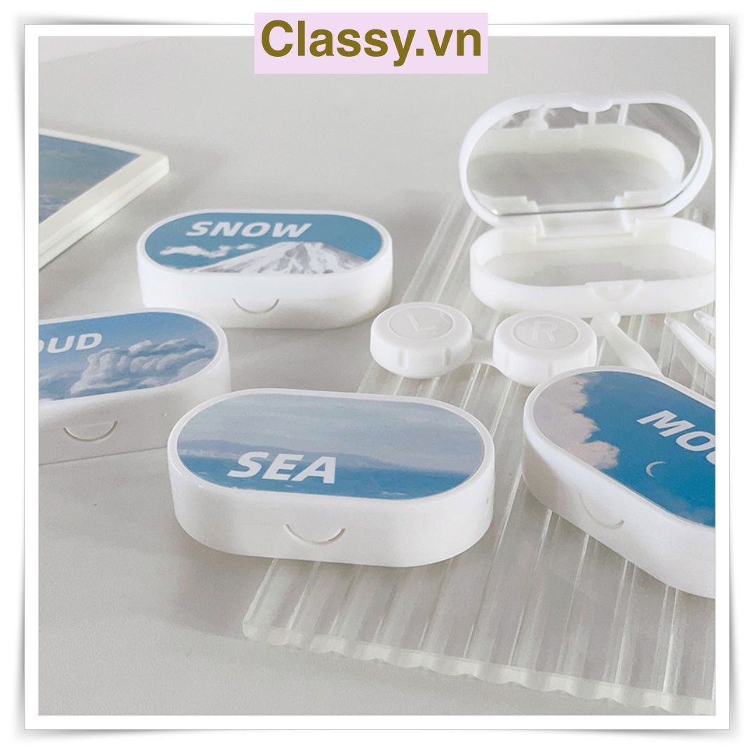 Khay đựng 01 cặp kính áp tròng, khay lens hình bầu trời và tuyết màu xanh, có gương soi PK658