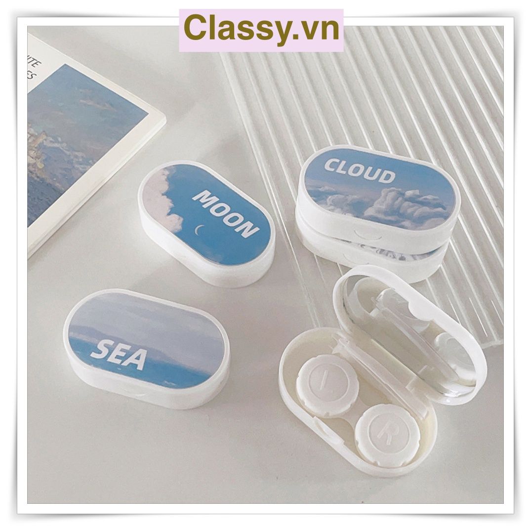 Khay đựng 01 cặp kính áp tròng, khay lens hình bầu trời và tuyết màu xanh, có gương soi PK658