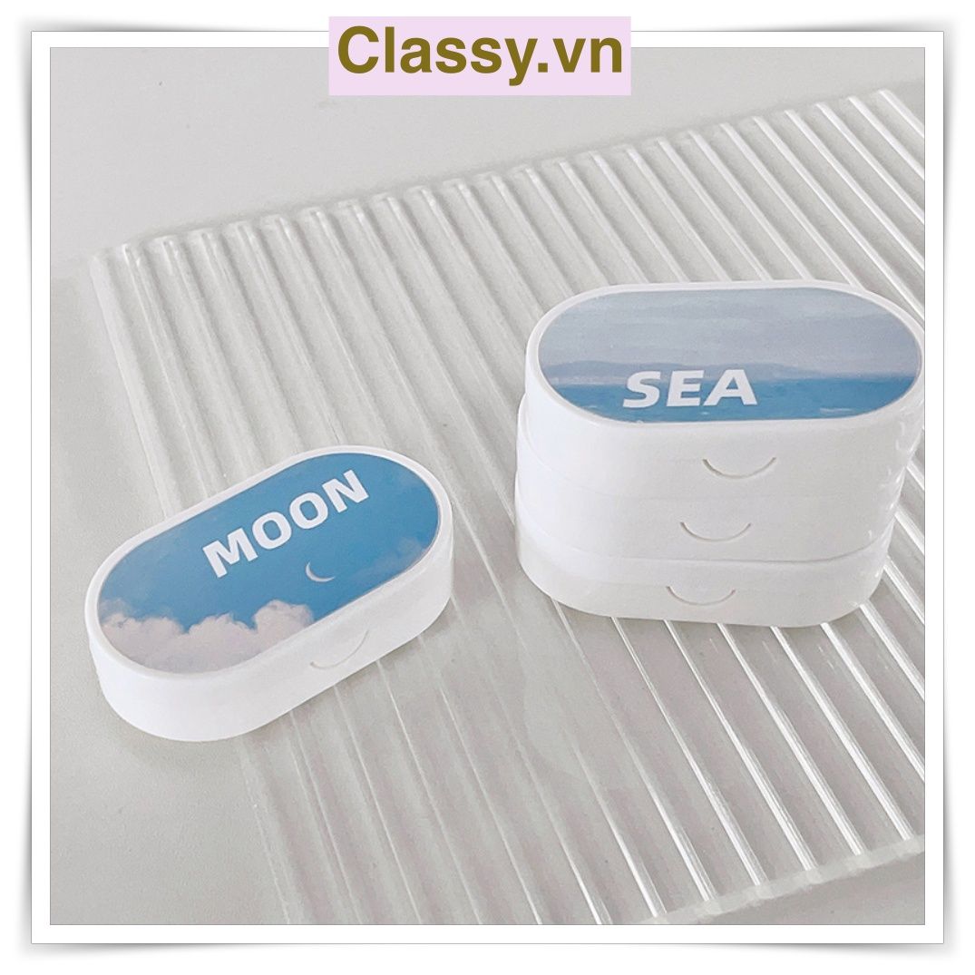 Khay đựng 01 cặp kính áp tròng, khay lens hình bầu trời và tuyết màu xanh, có gương soi PK658