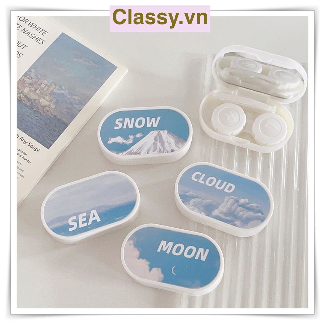 Khay đựng 01 cặp kính áp tròng, khay lens hình bầu trời và tuyết màu xanh, có gương soi PK658