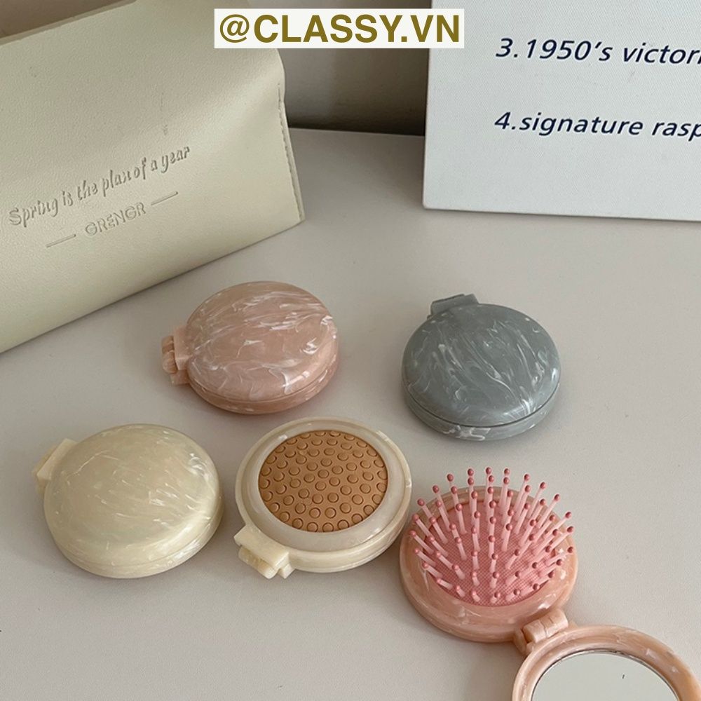 PK923 Lược Mini Có Thể Gấp Gọn , Lược massage bằng đá cẩm thạch, kèm gương gấp di động, mát xa tóc mượt