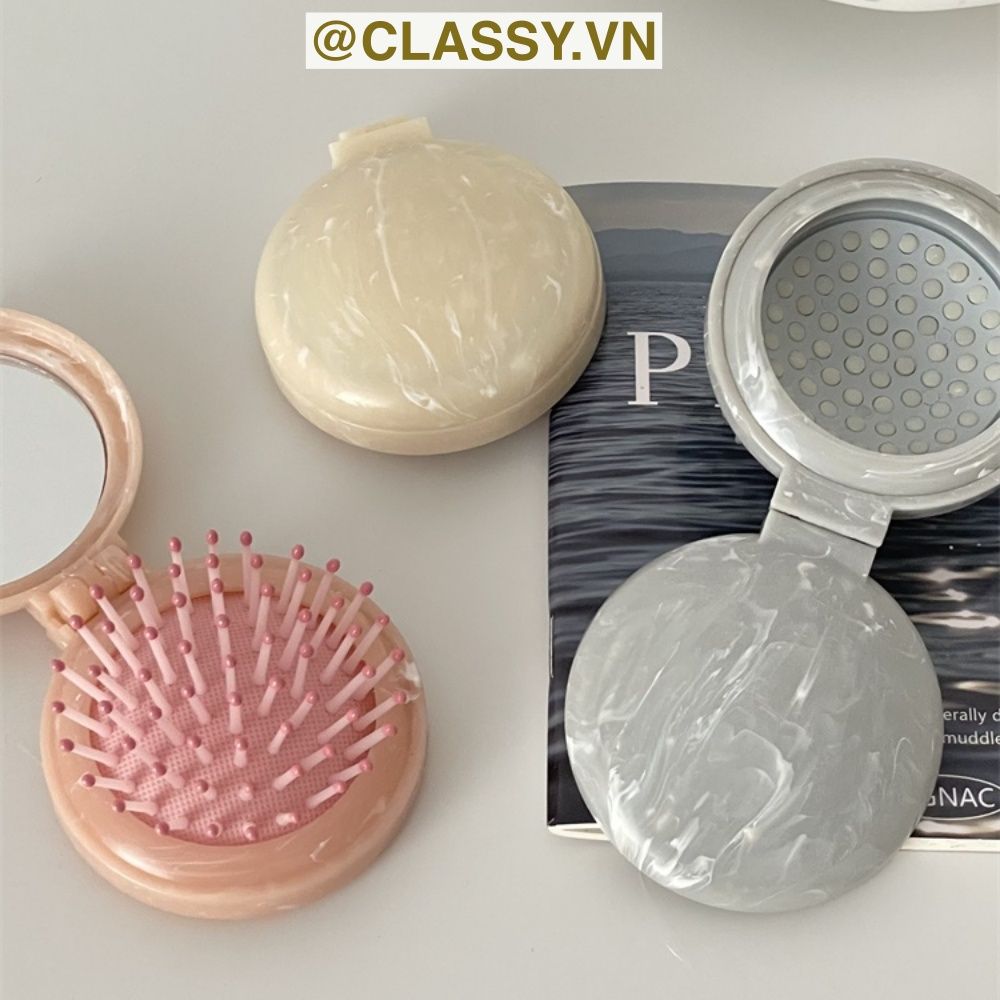PK923 Lược Mini Có Thể Gấp Gọn , Lược massage bằng đá cẩm thạch, kèm gương gấp di động, mát xa tóc mượt