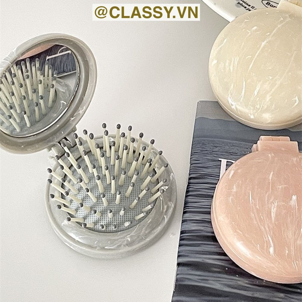 PK923 Lược Mini Có Thể Gấp Gọn , Lược massage bằng đá cẩm thạch, kèm gương gấp di động, mát xa tóc mượt