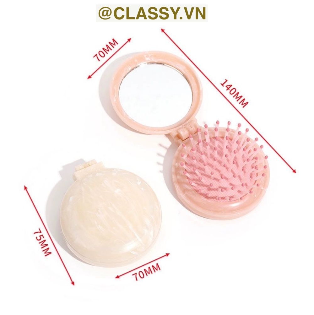 PK923 Lược Mini Có Thể Gấp Gọn , Lược massage bằng đá cẩm thạch, kèm gương gấp di động, mát xa tóc mượt