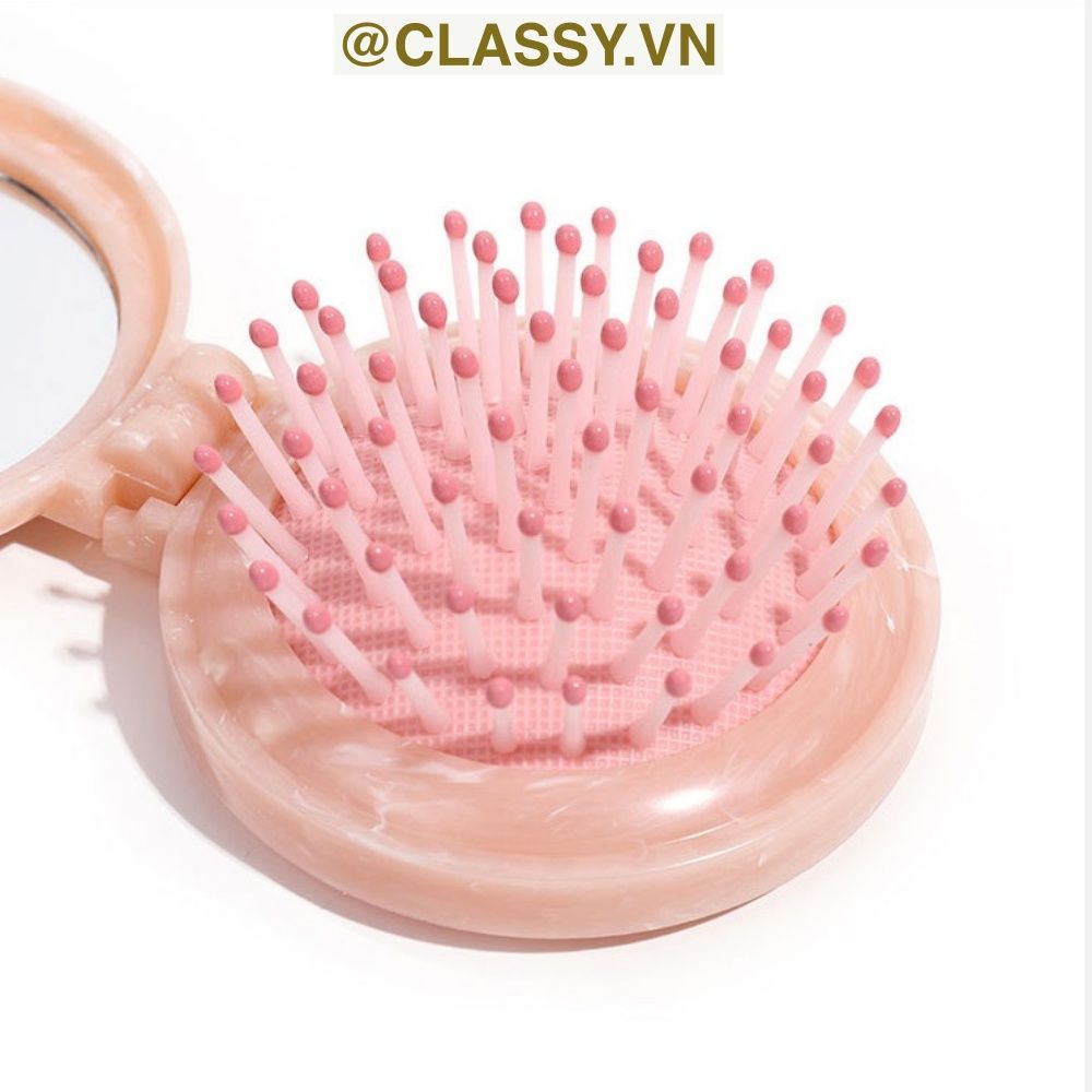 PK923 Lược Mini Có Thể Gấp Gọn , Lược massage bằng đá cẩm thạch, kèm gương gấp di động, mát xa tóc mượt