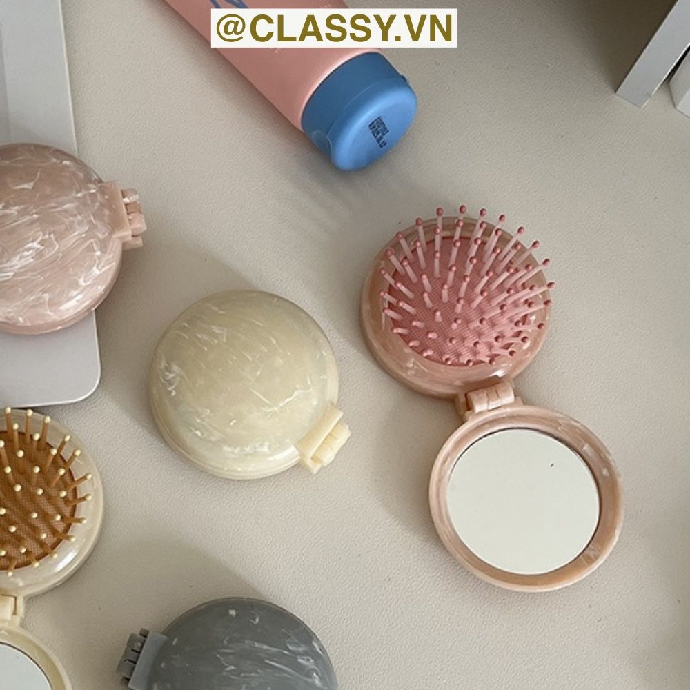 PK923 Lược Mini Có Thể Gấp Gọn , Lược massage bằng đá cẩm thạch, kèm gương gấp di động, mát xa tóc mượt
