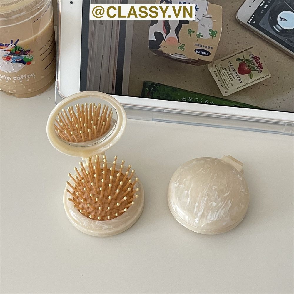 PK923 Lược Mini Có Thể Gấp Gọn , Lược massage bằng đá cẩm thạch, kèm gương gấp di động, mát xa tóc mượt