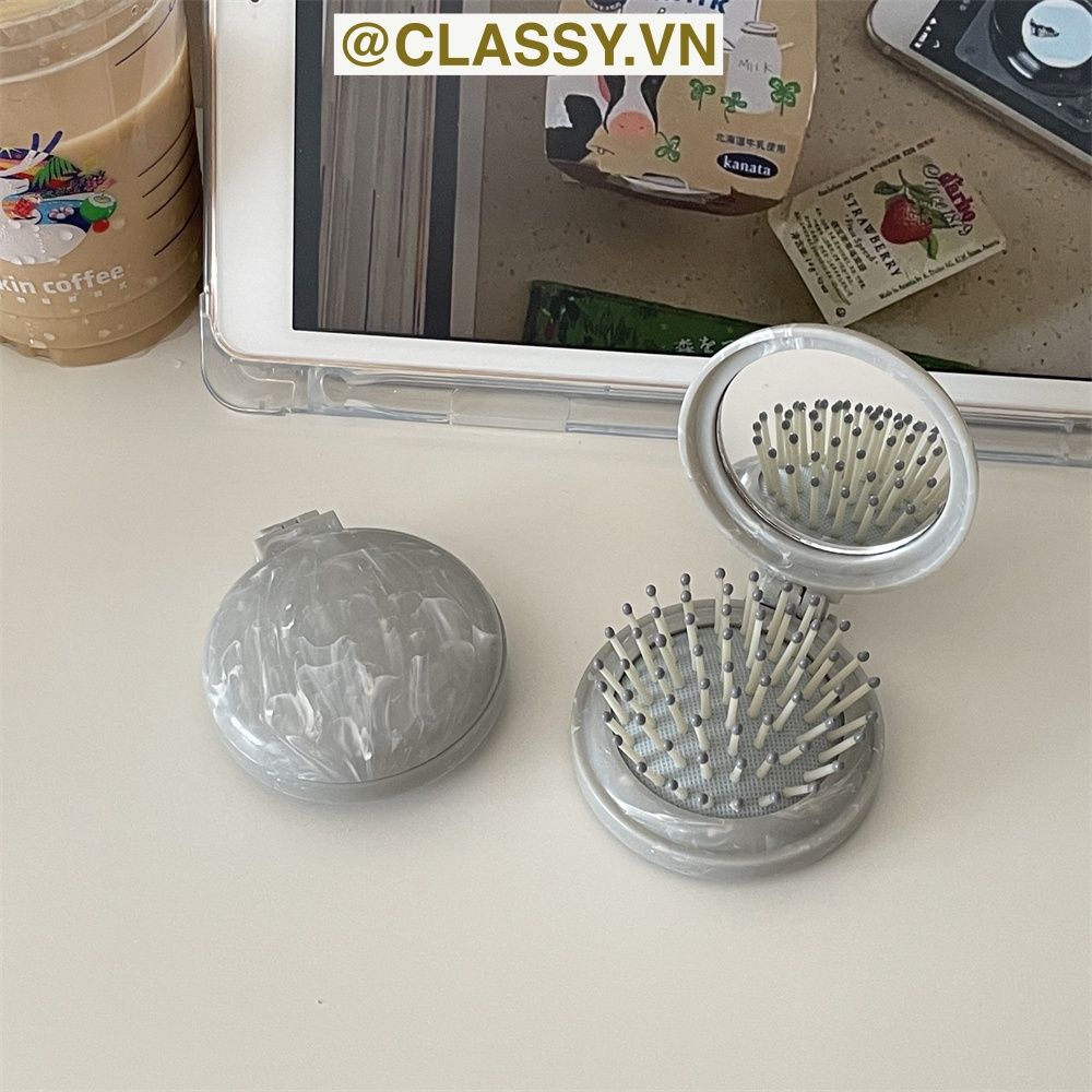 PK923 Lược Mini Có Thể Gấp Gọn , Lược massage bằng đá cẩm thạch, kèm gương gấp di động, mát xa tóc mượt