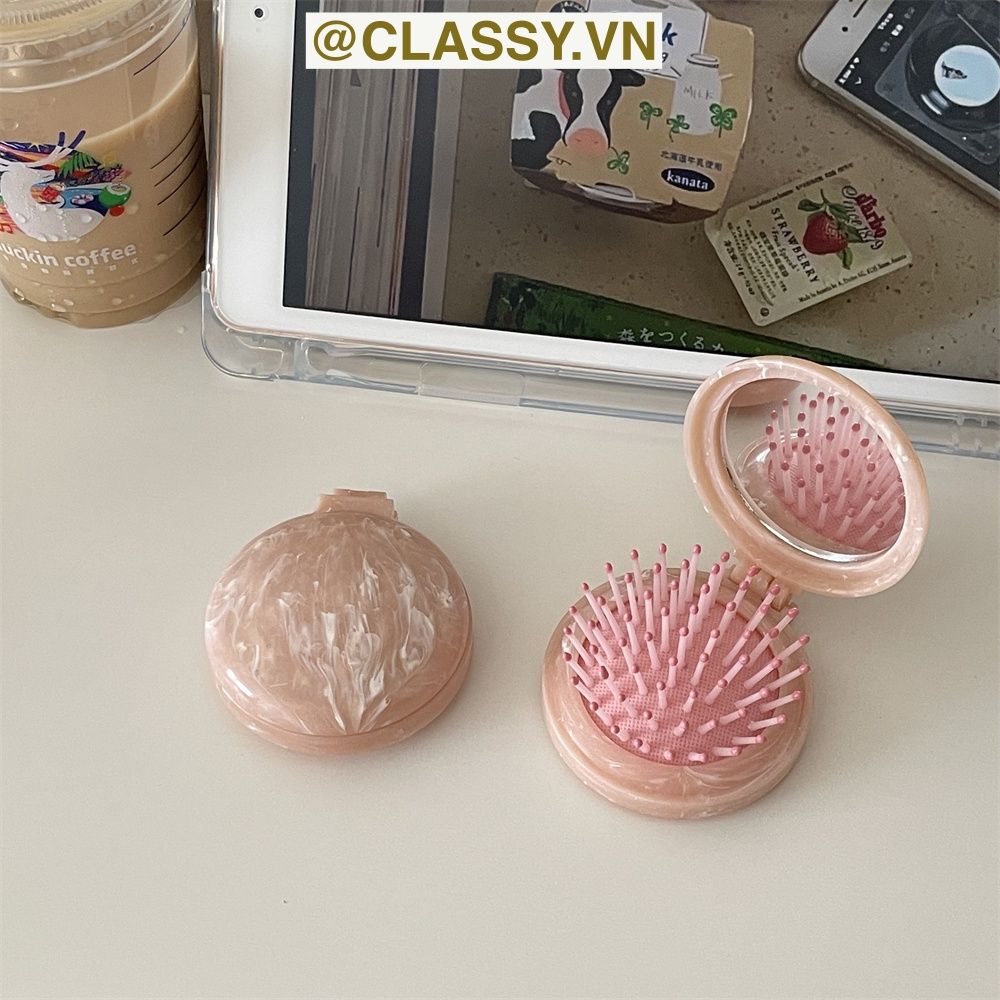 PK923 Lược Mini Có Thể Gấp Gọn , Lược massage bằng đá cẩm thạch, kèm gương gấp di động, mát xa tóc mượt