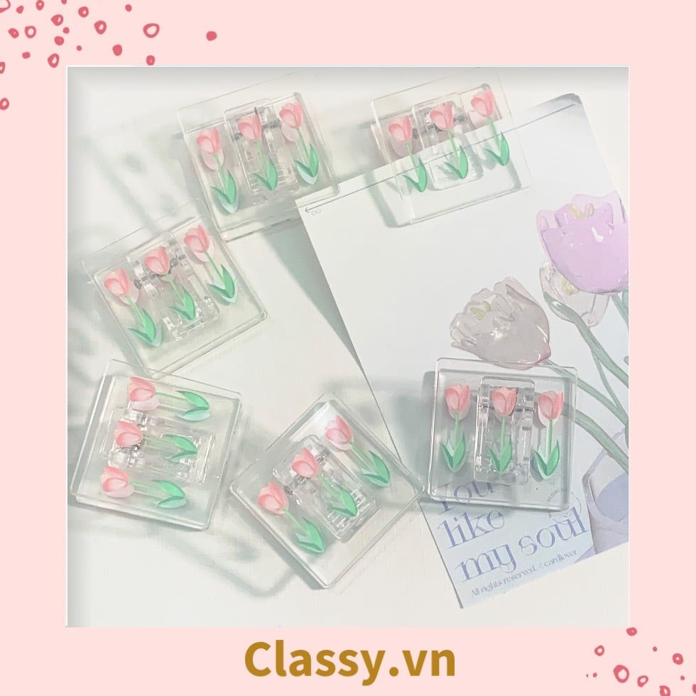 Kẹp giấy nhựa Acrylic trong suốt hoa tulips sử dụng kẹp dấu trang, kẹp giấy ,văn phòng phẩm sáng tạo tiện lợi PK937
