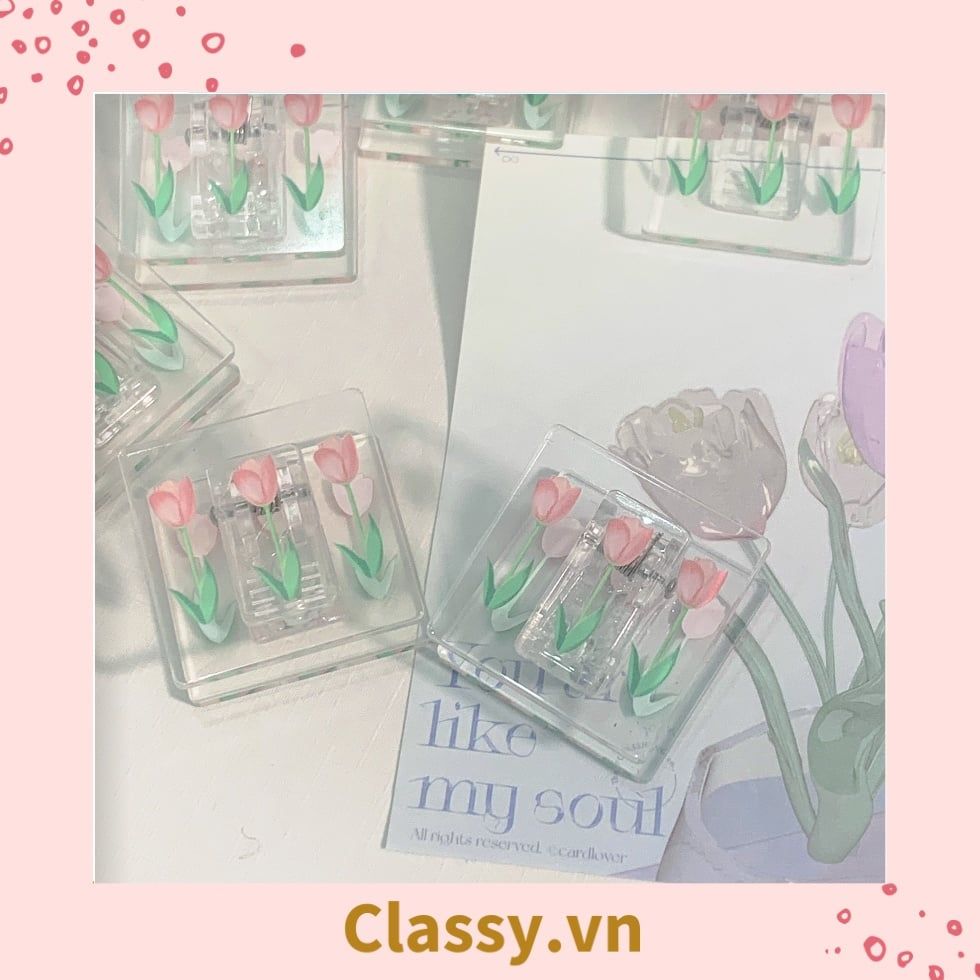  Kẹp giấy nhựa Acrylic trong suốt hoa tulips sử dụng kẹp dấu trang, kẹp giấy ,văn phòng phẩm sáng tạo tiện lợi PK937 