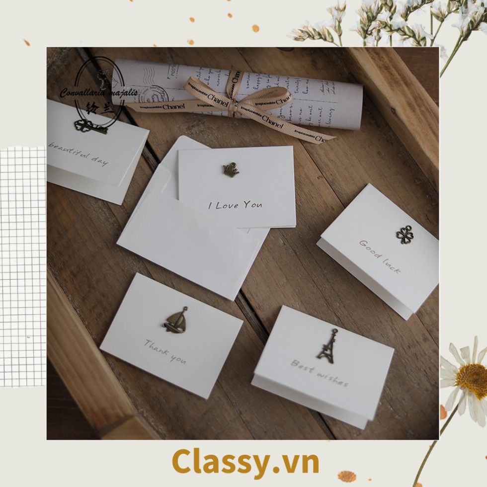 Thiệp Cổ điển Vintage gắn hình 3D, giấy art sang trọng kèm phong bì màu trắng Q254